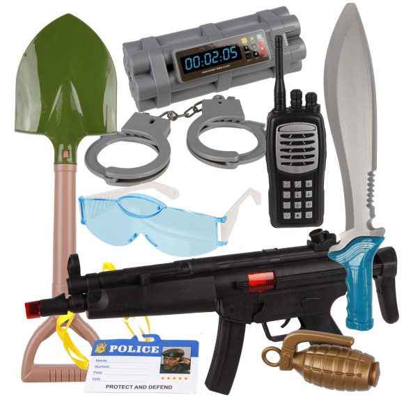 Игр.набор Военного, автомат-трещ., рация, очки, наручники, кинжал, лопатка, граната 2шт., бомба, удо