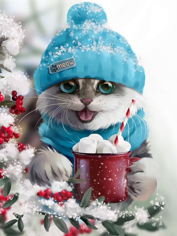 Алмаз. моз. (блест.) 17х22 см c подр., с полн. заполн.(20цв) Котик с какао (Арт. НД-7602)