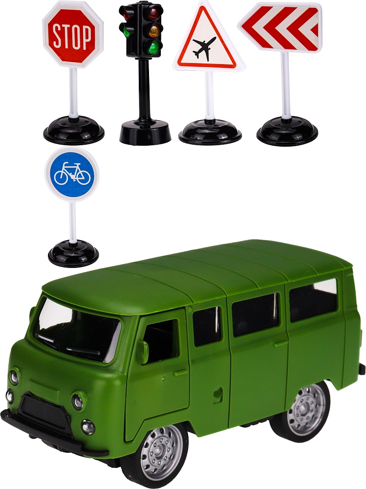 Машинка инерционная в наборе (12*6,5*5,5 см, свет, звук,светофор, дор. знаки, зеленый) (арт.ИК-3125)