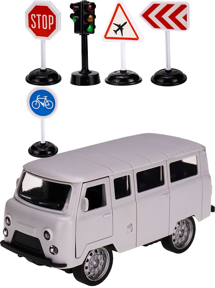 Машинка инерционная в наборе (12*6,5*5,5 см,свет,звук, светофор, дор. знаки, серый) (арт.ИК-3126)