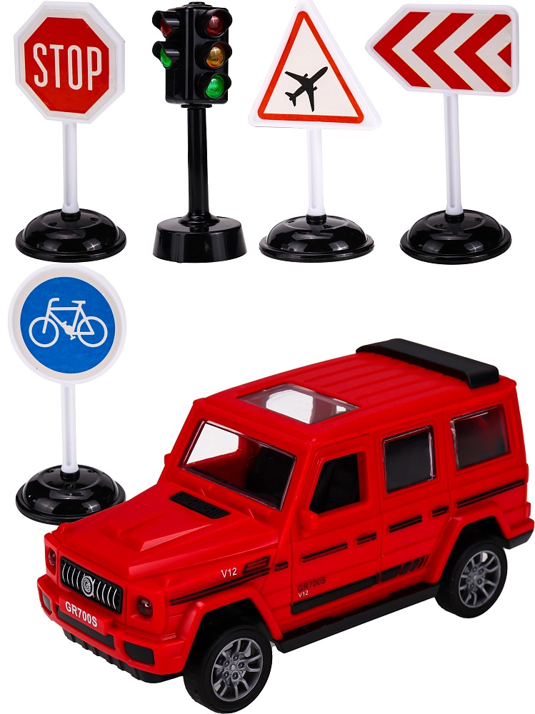 Машинка инерционная в наборе (12,2*5*5,5 см,двери откр,светофор, 4 дор. знака,красный) (арт.ИК-3120)