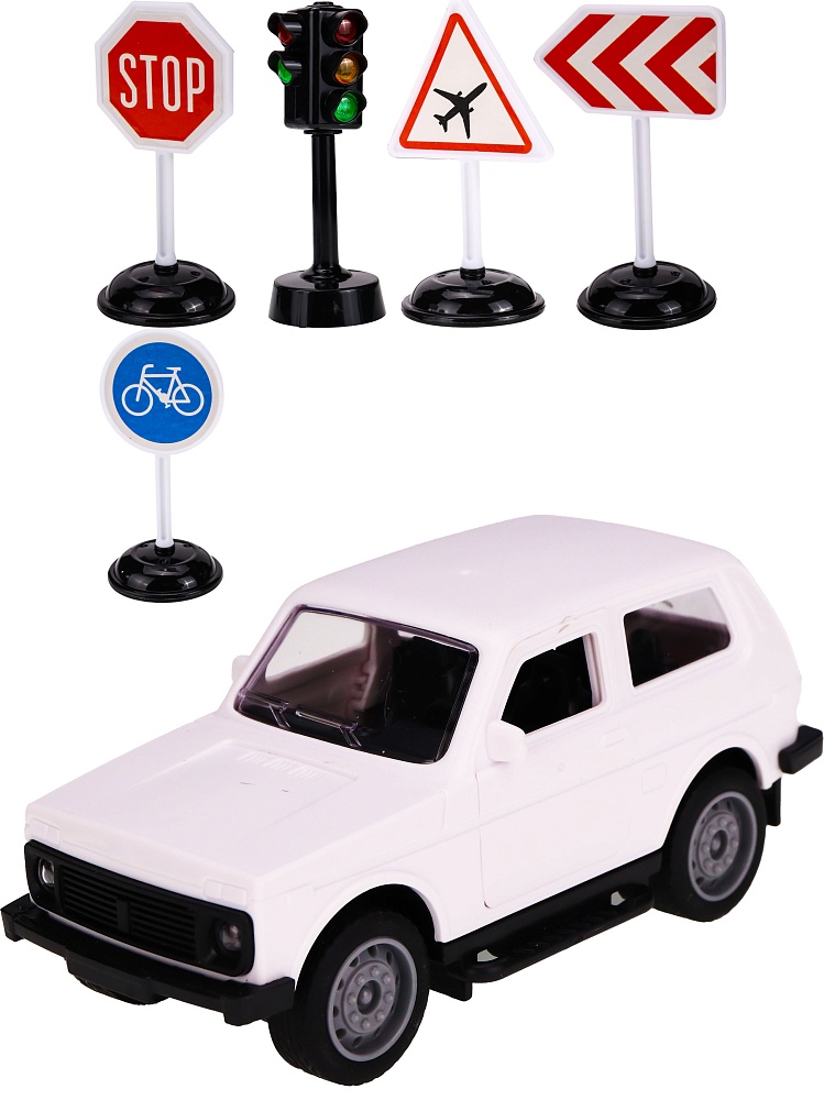 Машинка инерционная в наборе (13*6,5*5 см,свет,звук, светофор, 4 дор. знака, белый) (арт.ИК-3127)