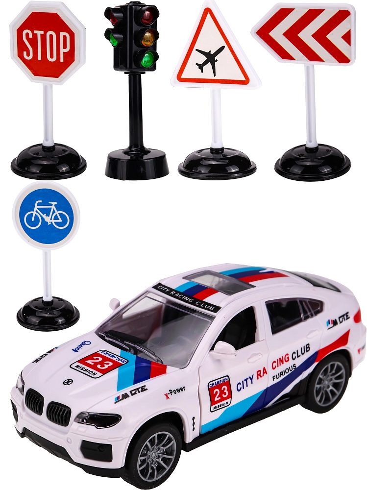 Машинка инерционная в наборе (13,4*5,8*4,5 см,двери откр, 4 дор. знака,светофор,белый) (арт.ИК-3121)