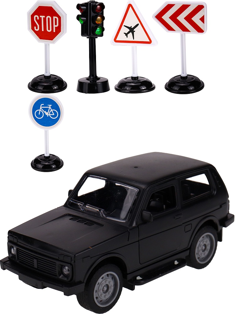 Машинка инерционная в наборе (13,5*6,5*5 см,свет, звук, светофор, дор. знаки, чёрный) (арт.ИК-3128)