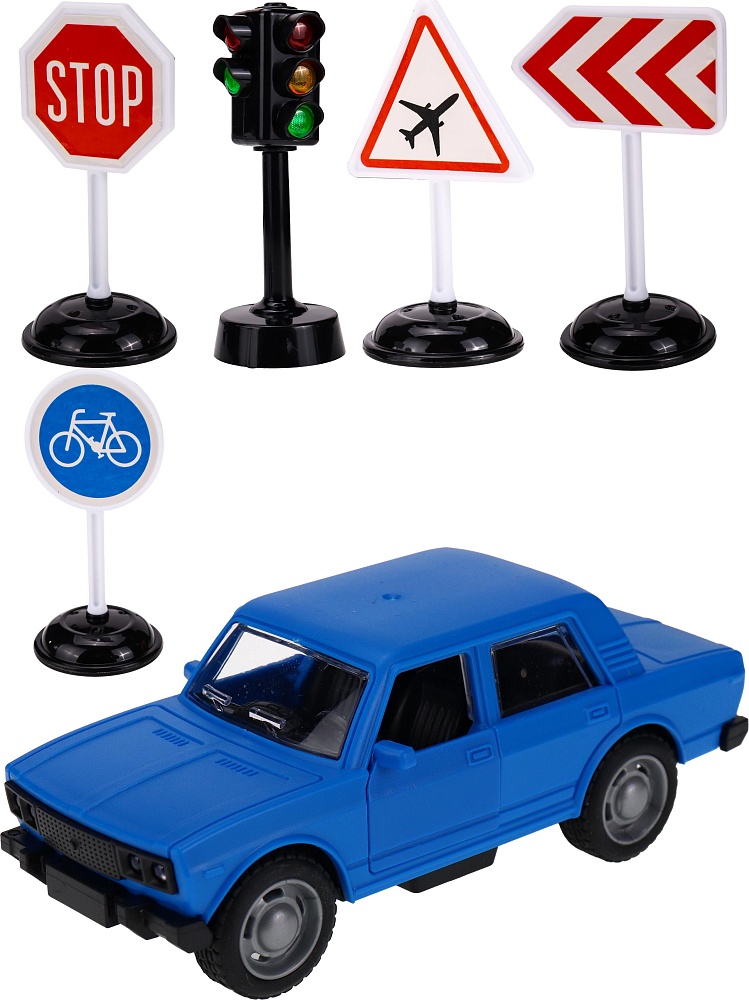 Машинка инерционная в наборе (13,5*6,5*6 см,свет,звук, светофор, 4 дор. знака, синий) (арт.ИК-3124)