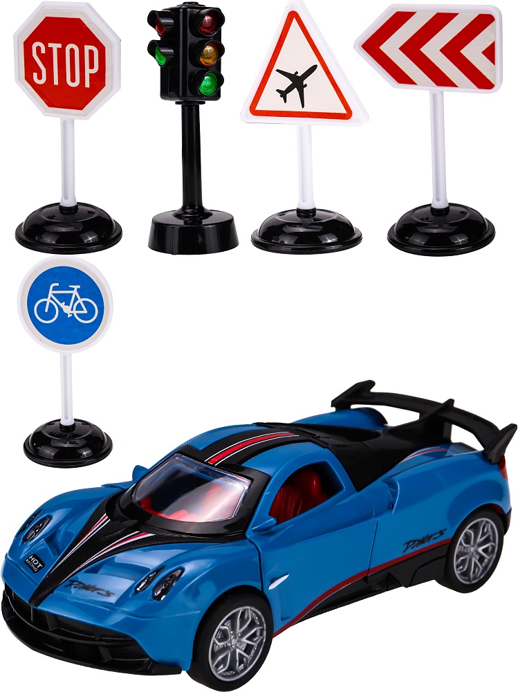 Машинка инерционная в наборе (14*6*4,2 см,двери откр, 4 дорожных знака,светофор,синий) (арт.ИК-3122)