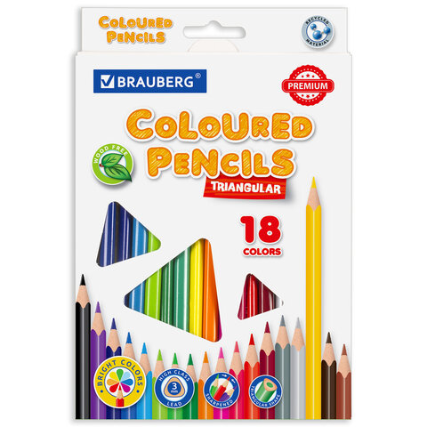 Карандаши цветные пластиковые BRAUBERG PREMIUM, 18 цв., трехгранные, заточенные, картон, европодвес