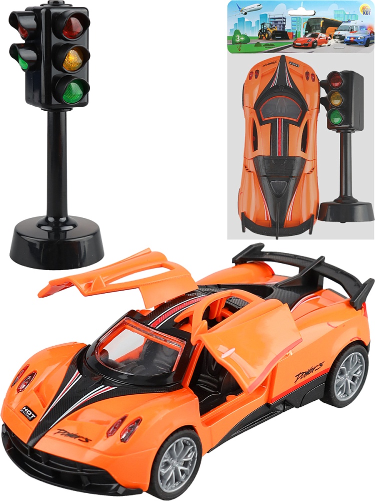 Машинка инерционная в наборе со светофором (16,5х24 см, оранжевый, в пакете) (Арт. МИ-1179)