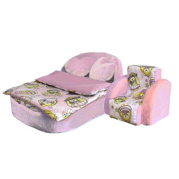 Мебель мягкая Кровать,1 кресло,2 подушки,одеяло Милая зайка с розовым плюшем НМ-003/5-26 (Вид 1)