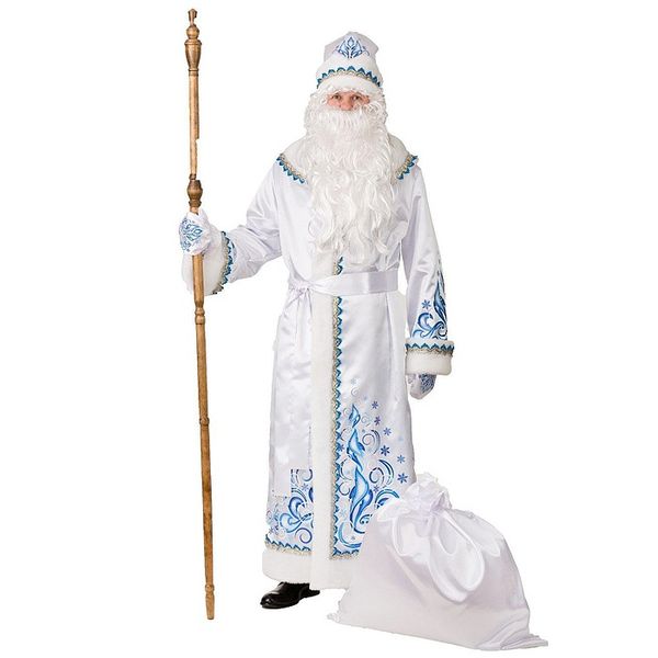 5350 Карнавальный костюм Дед Мороз сатин аппликация белый  (шуба, шапка, варежки, пояс) р.54-56 (Вид 1)