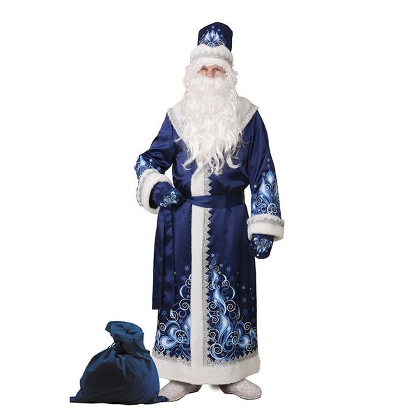 5351 Карнавальный костюм Дед Мороз сатин аппликация синий (шуба, шапка, варежки, шапка) р.54-56