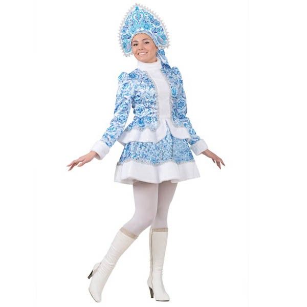 1138 Карнавальный костюм Снегурочка Гжель  (кафтан, короткая юбка, кокошник) (д/взр)  р. 44