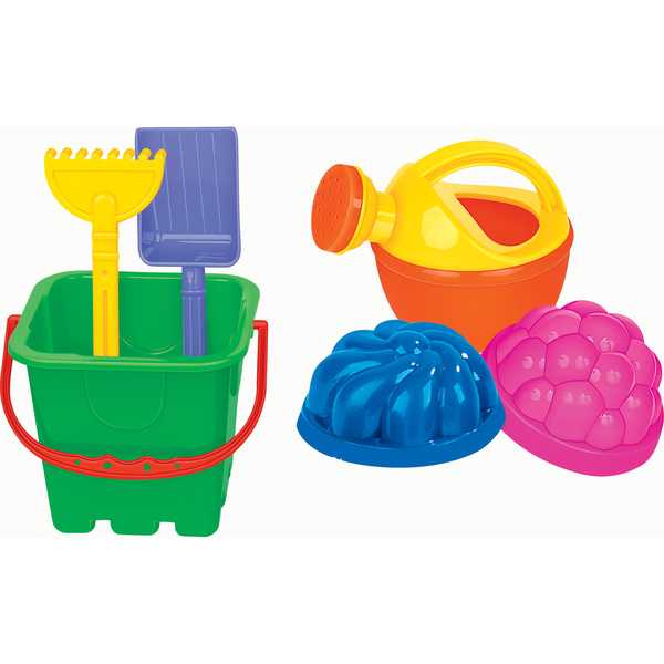 Набор №260: ведро-крепость малое, лопатка малая №3, грабельки малые №3, 2 формочки, лейка малая №3