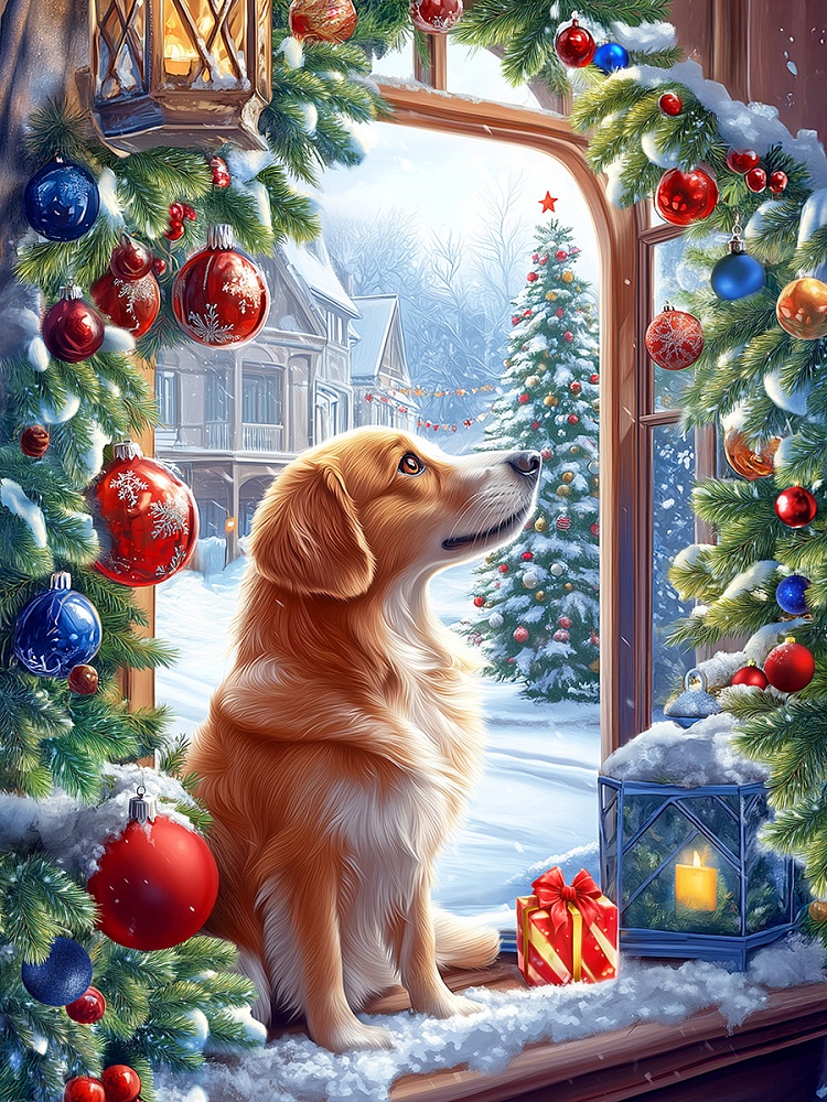 Холст с красками 30х40 см по номерам в коробке (30цв.) Пёсик ждёт Новый год (арт. ХК-0521)