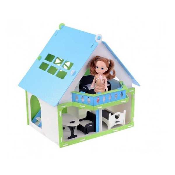 Домик для кукол Дачный дом Варенька бело- голубой  с мебелью
