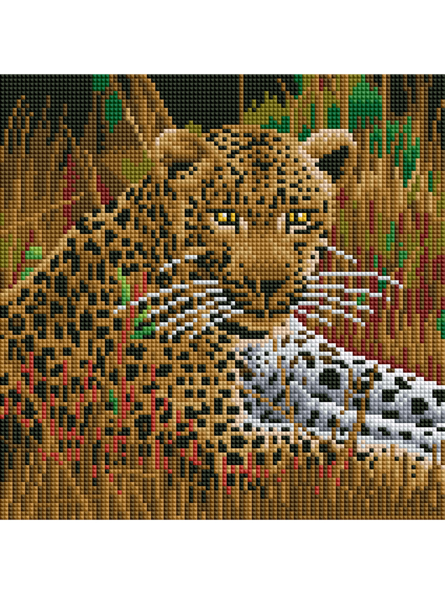 Алмазная мозаика (блест) 30х30 с подр., с полн.запол. Леопард на отдыхе в траве (Арт. AS30011) (Вид 1)