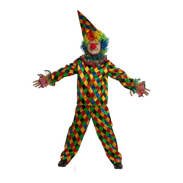 7007 Карнавальный костюм Арлекино  (рубаха, брюки, колпак, парик, нос) (текстиль) р.32